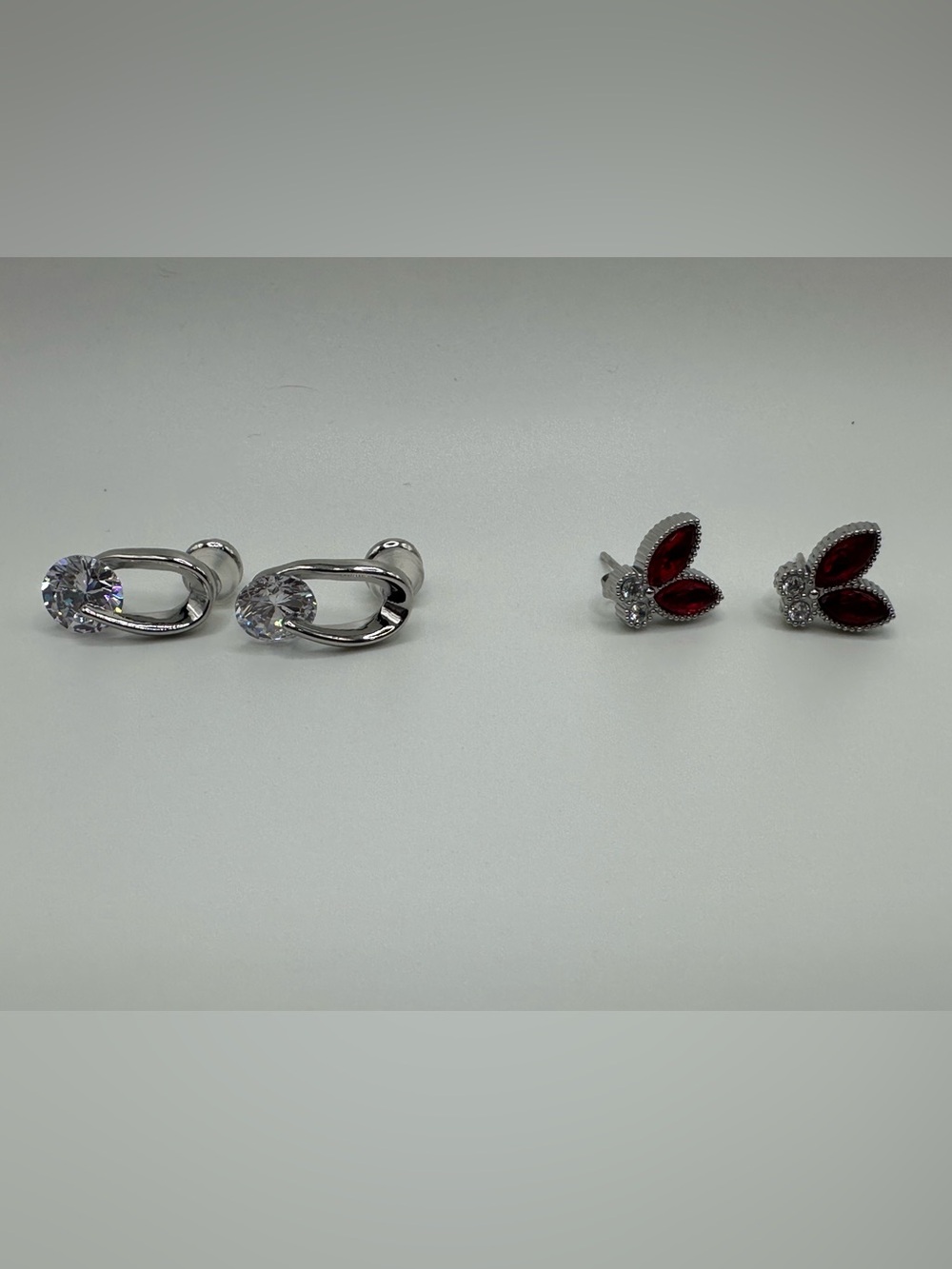 Silver Red Crystal Butterfly Stud Earrings & Silver CZ Stud Earrings- Set of 2